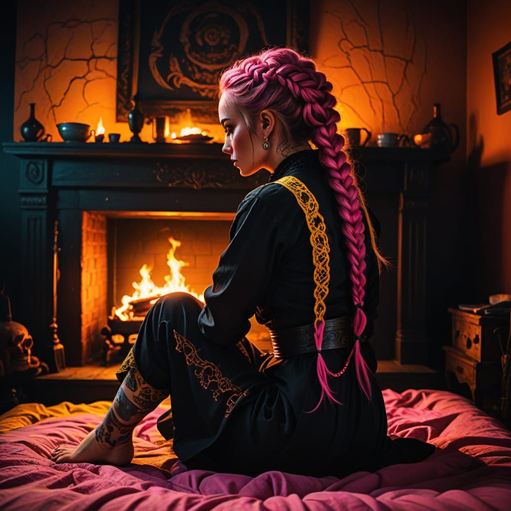 Vibrant Digital Art of Woman with Cartoon Tattoos