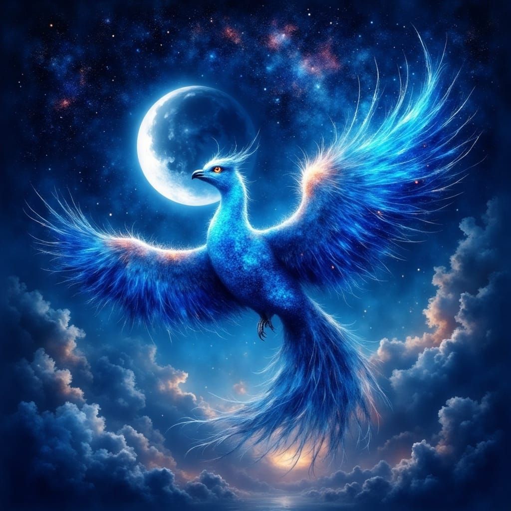 Moon Phoenix Soars Across the Starry Night Sky in a Kaleidos...