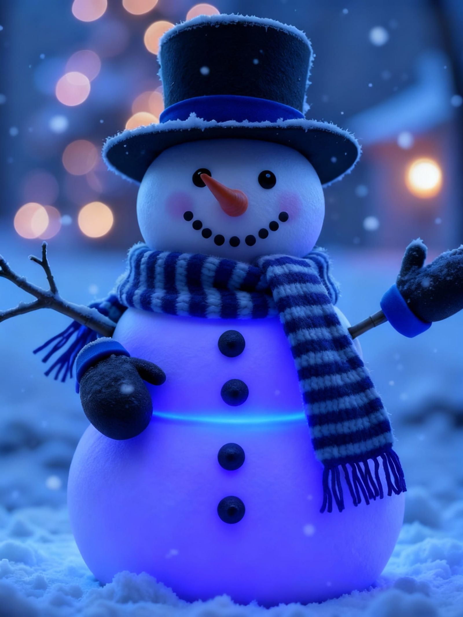 Magical Glowing Ice Snowman in Festive Night Scene
