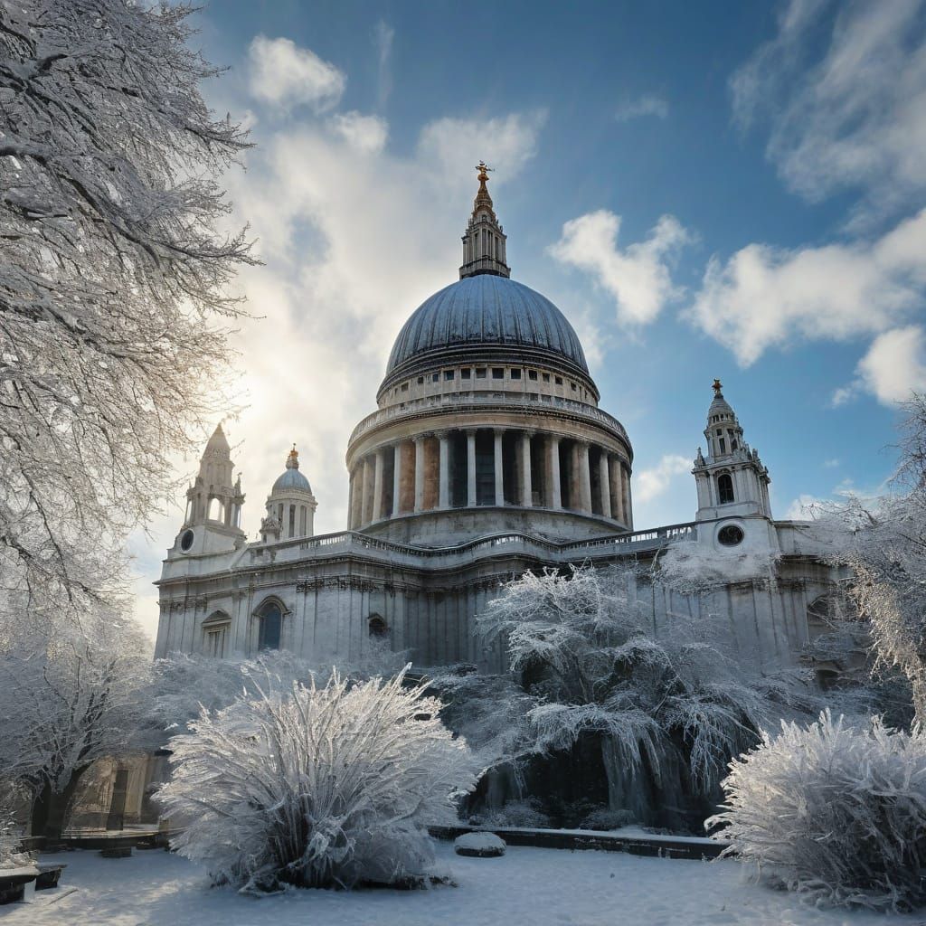 Snow-Covered St. Paul's Cathedral in Winter Sunlight