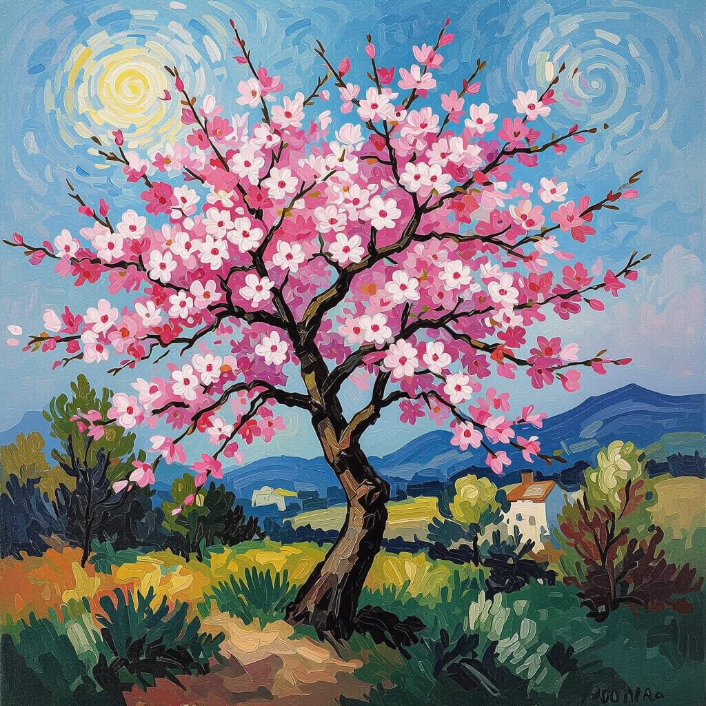Cherry Tree in Bloom: A Post-Impressionist Landscape