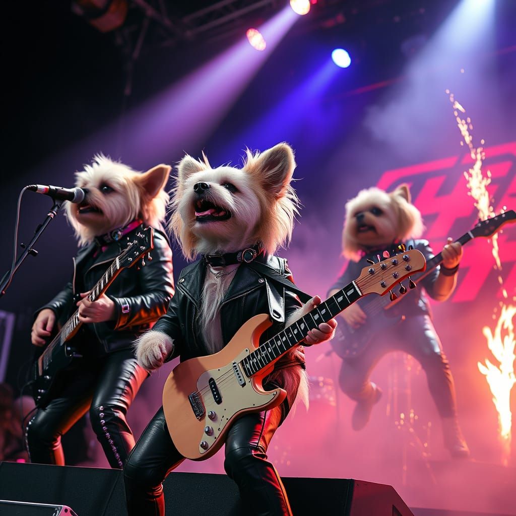 Shih Tzu Rock Band on Stage in Cyberpunk Style