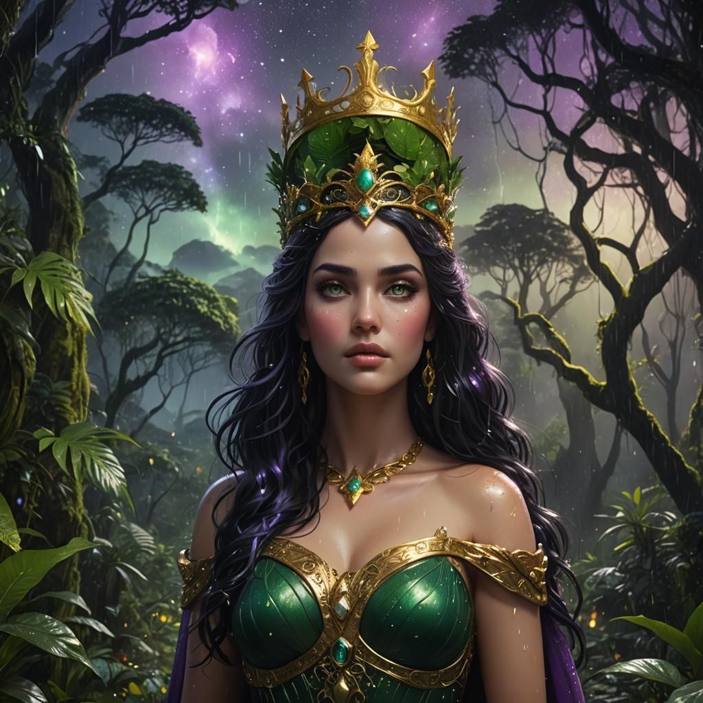 Aphrodite in Rainforest Under Starry Night, Fantasy Art