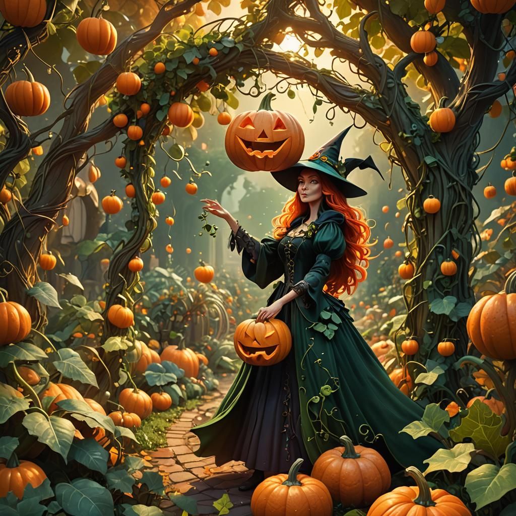 Whimsical Witch Pulling Pumpkin Vine, Detailed 3D Render