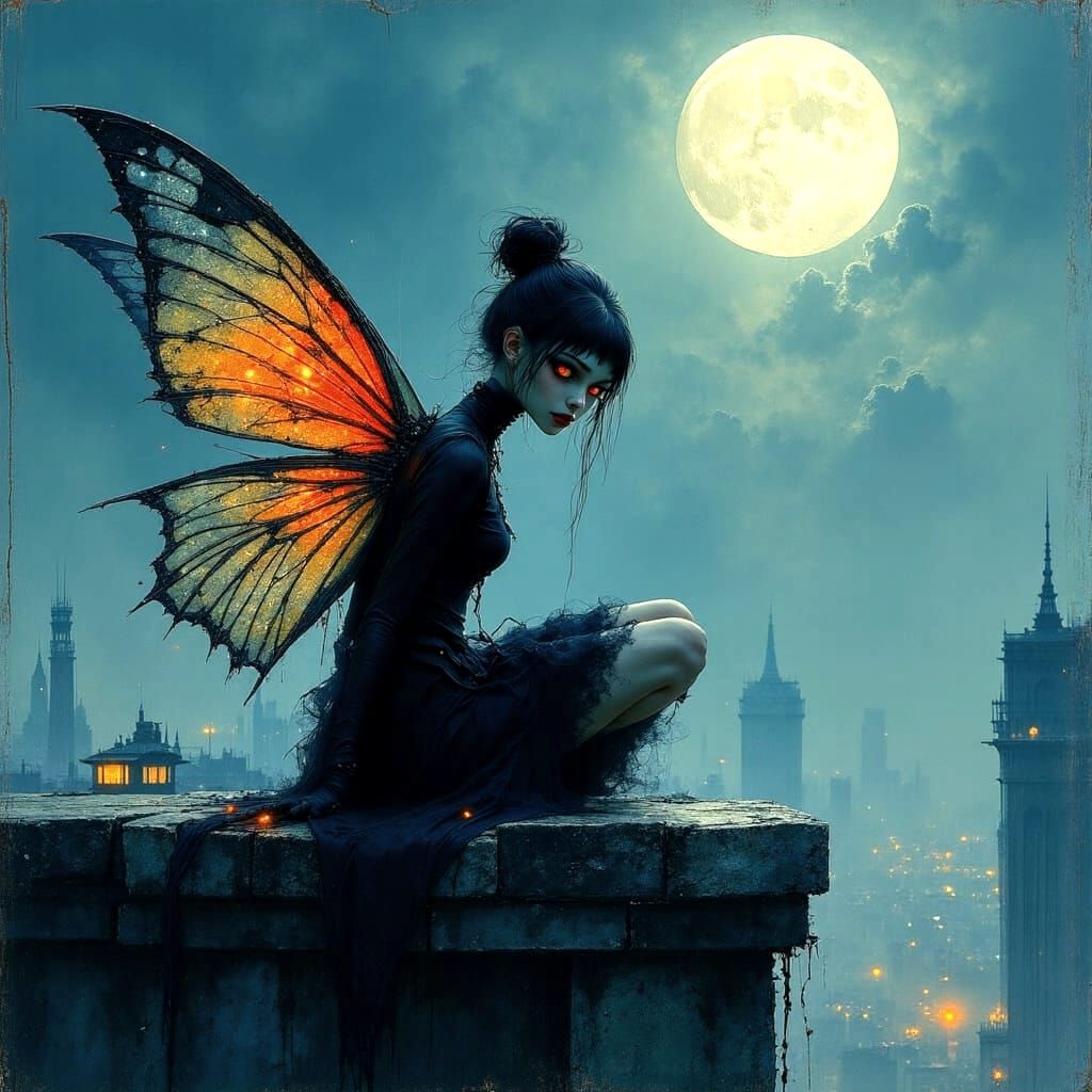 Gothic Fairy on Rooftop in Dark Acrylic Painting