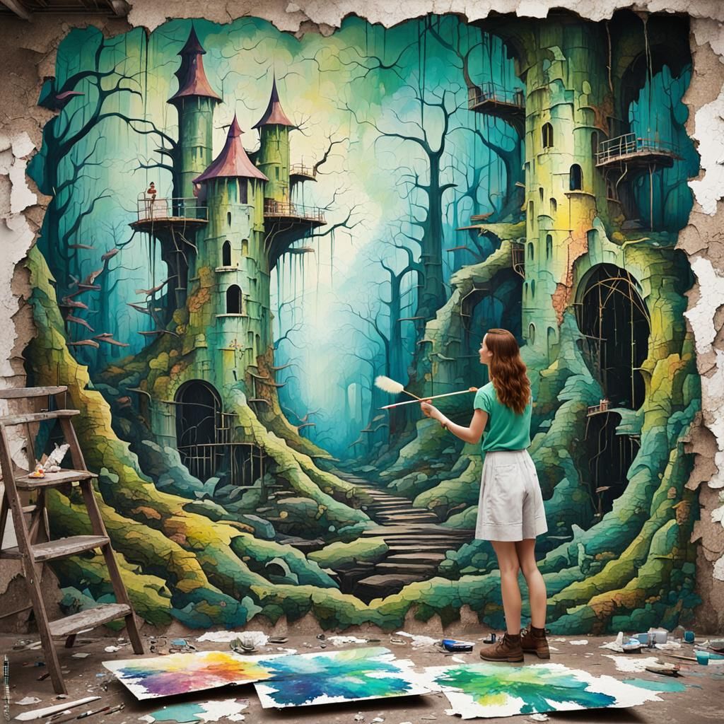 Surreal Fairy Forest Mural on Factory Wall