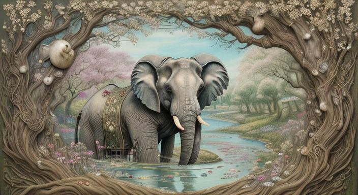 Elephants in Whimsical Medieval Scenes, Mixed-Media Masterpi...
