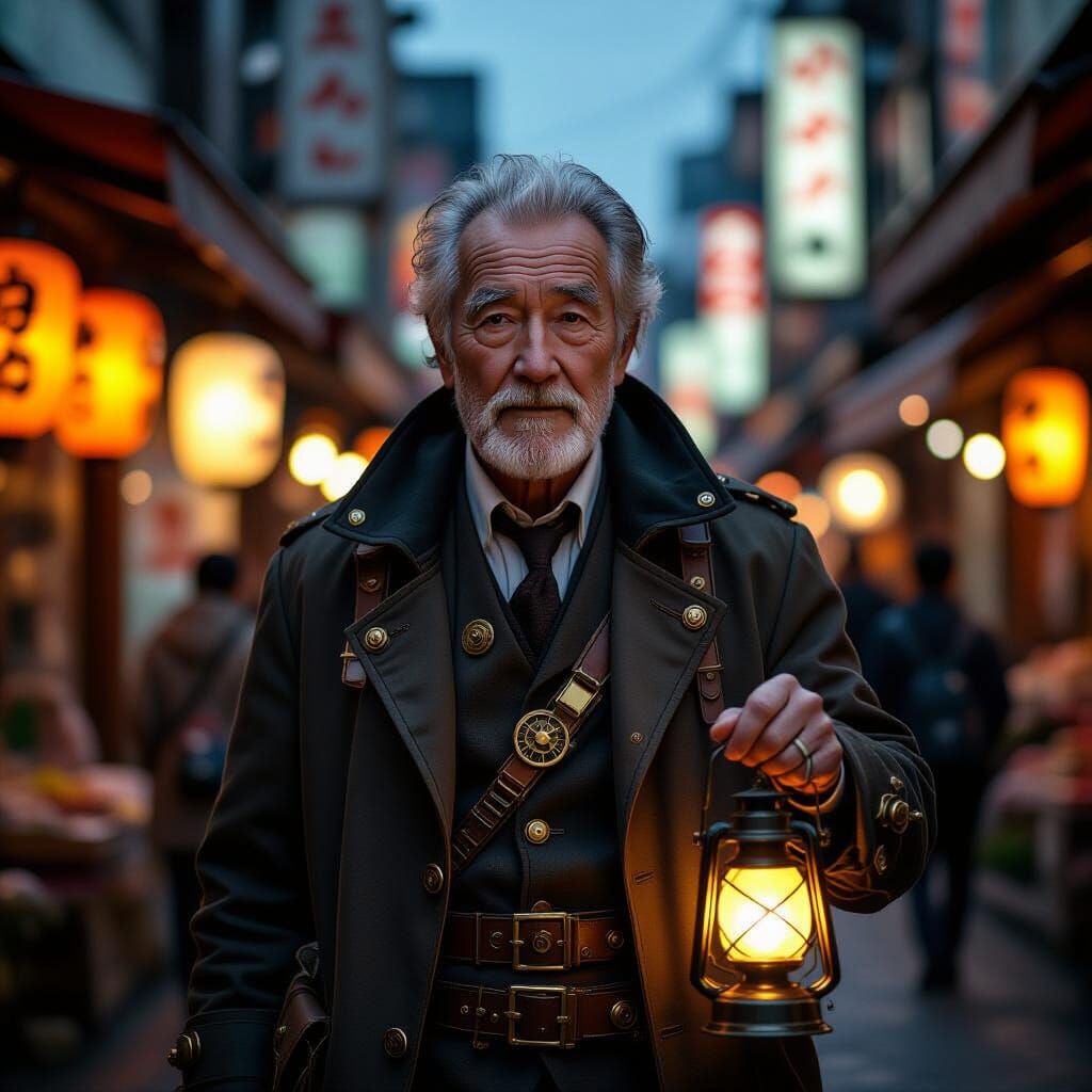 Steampunk Elder Wanders Tokyo at Dusk