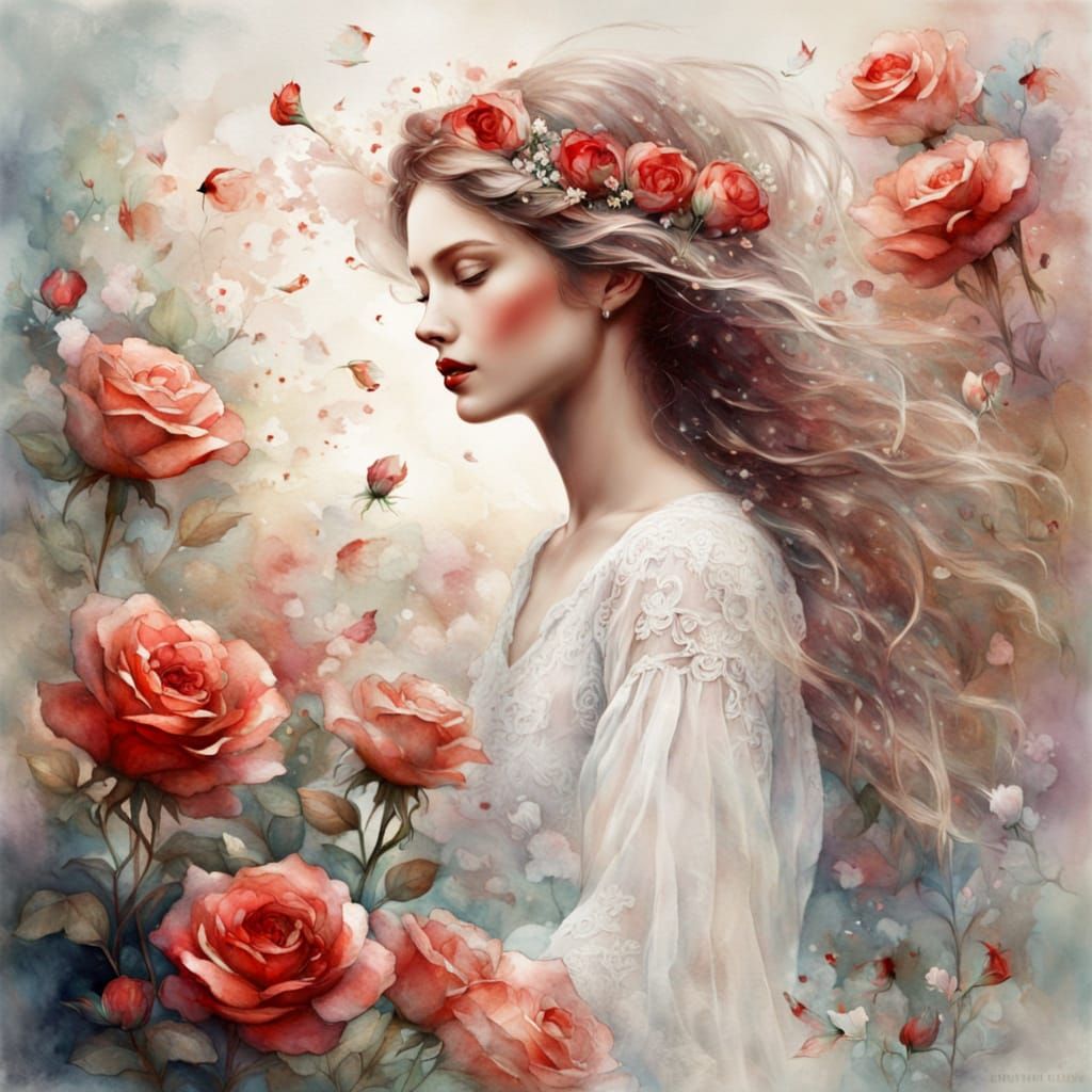 Woman with Roses in Watercolor Splash Art Style