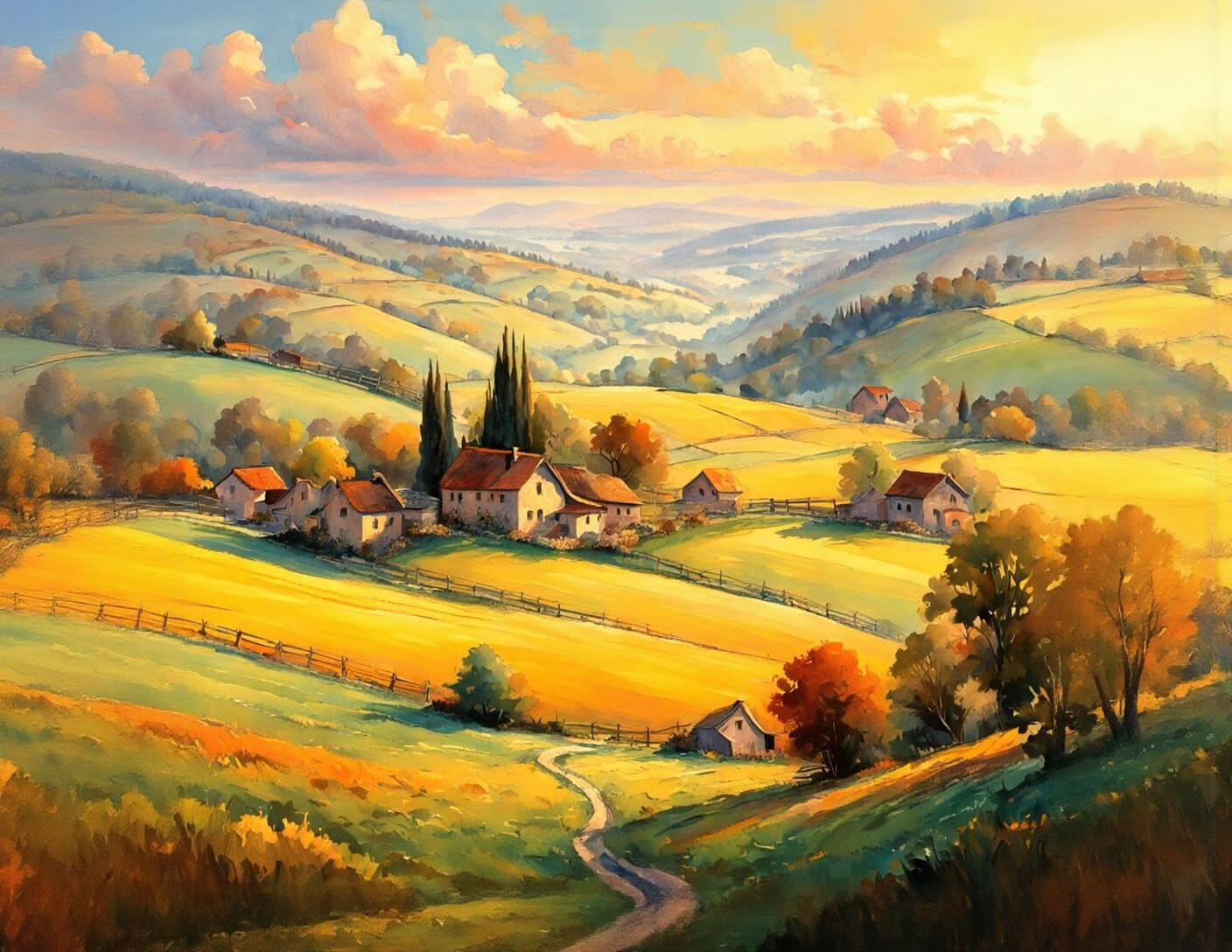 Lush Countryside Fields in Vivid Watercolor Style