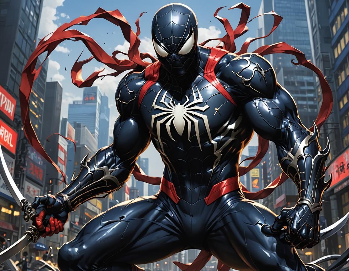 Symbiotic Superhero with Katanas in Anime Style