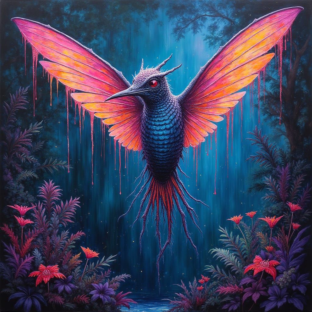 Alien Angel Soars through Vibrant Astral Jungle with Neon Gl...