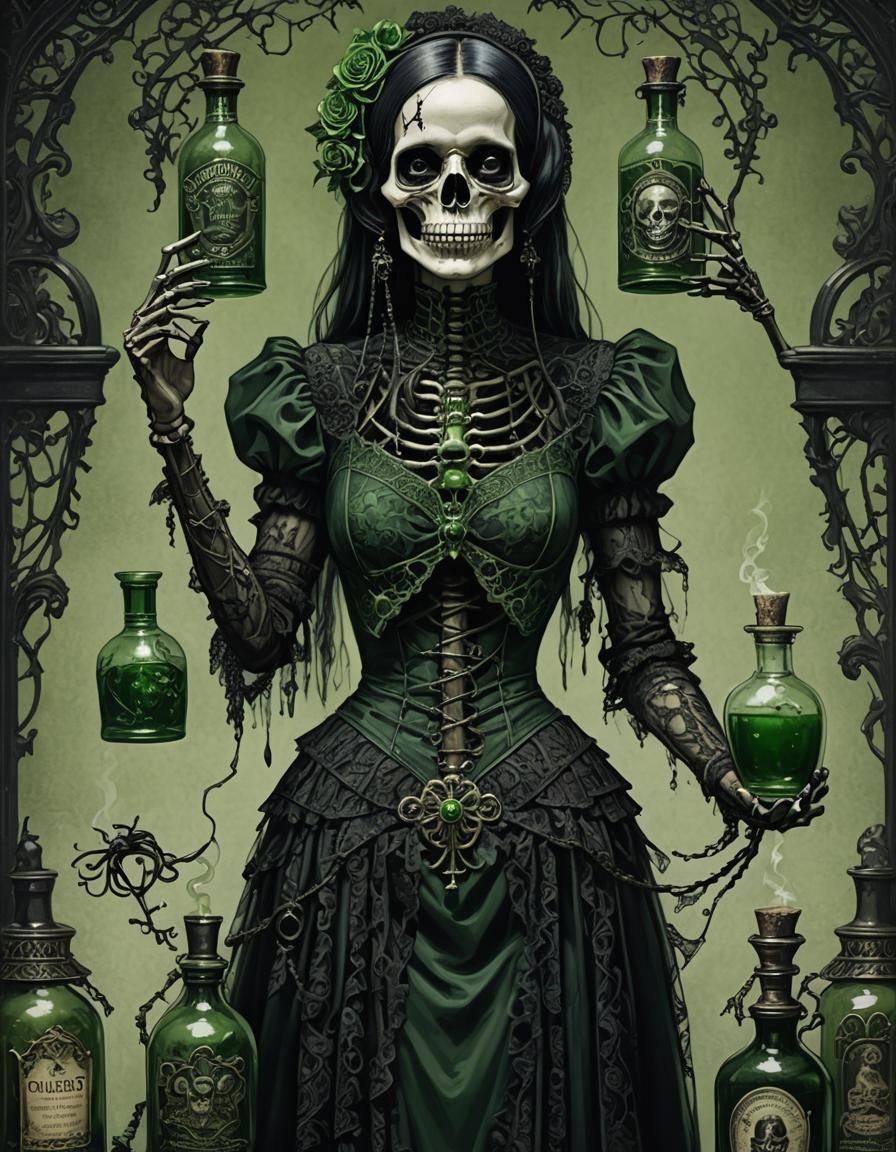 Gothic Victorian Skeleton Woman with Poison Bottles