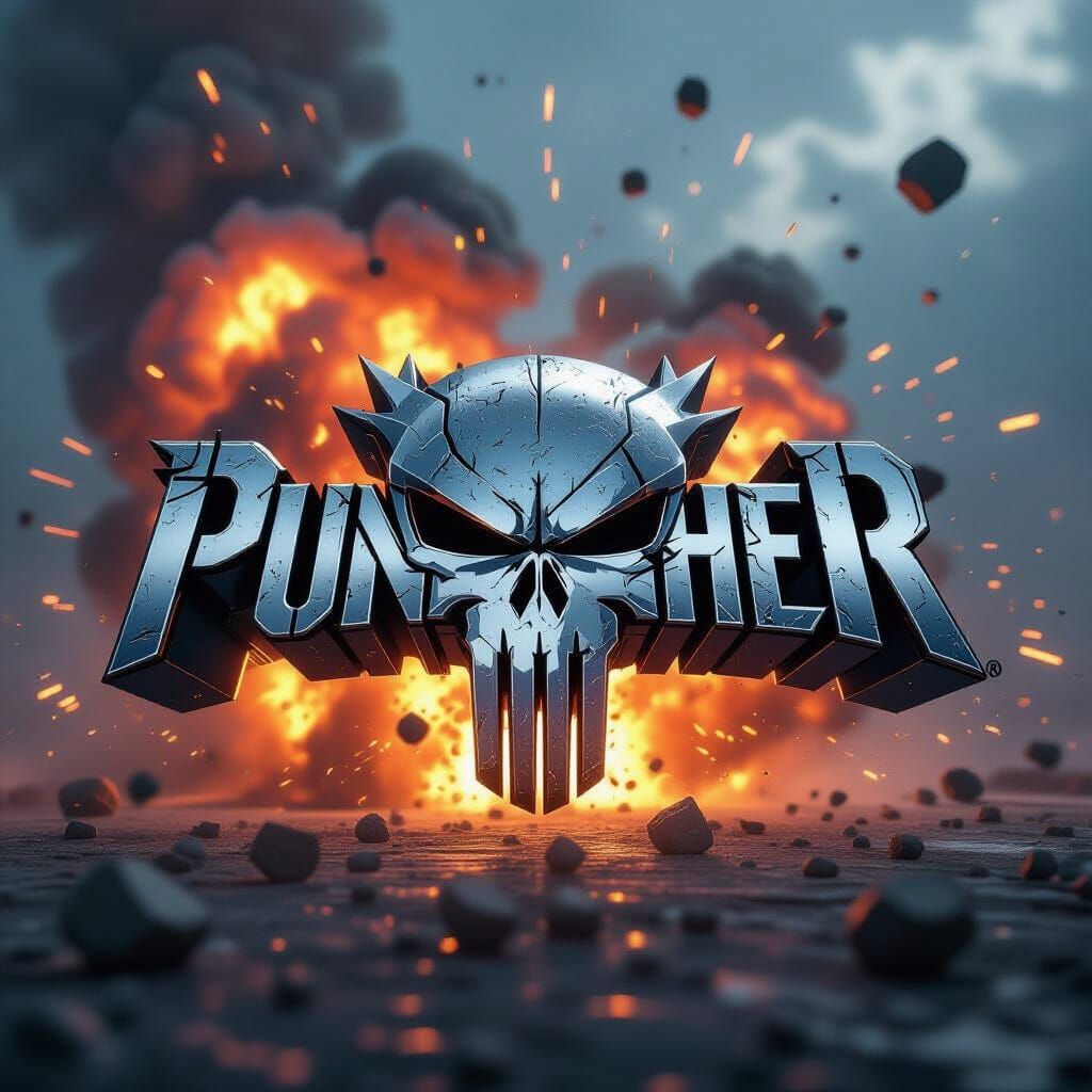 The Punisher Logo in Chrome with Fiery Explosion