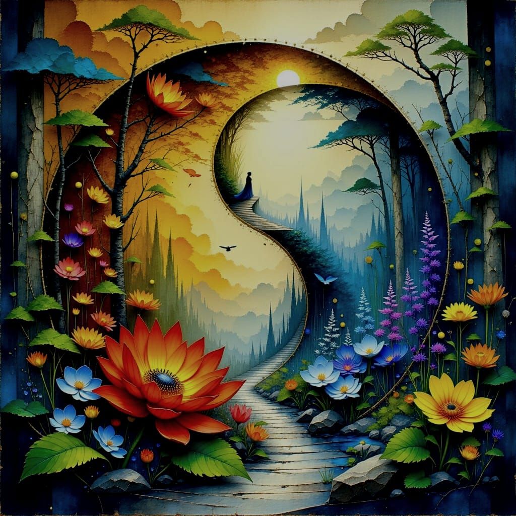 Yin Yang of Summer and Winter in Watercolor Style