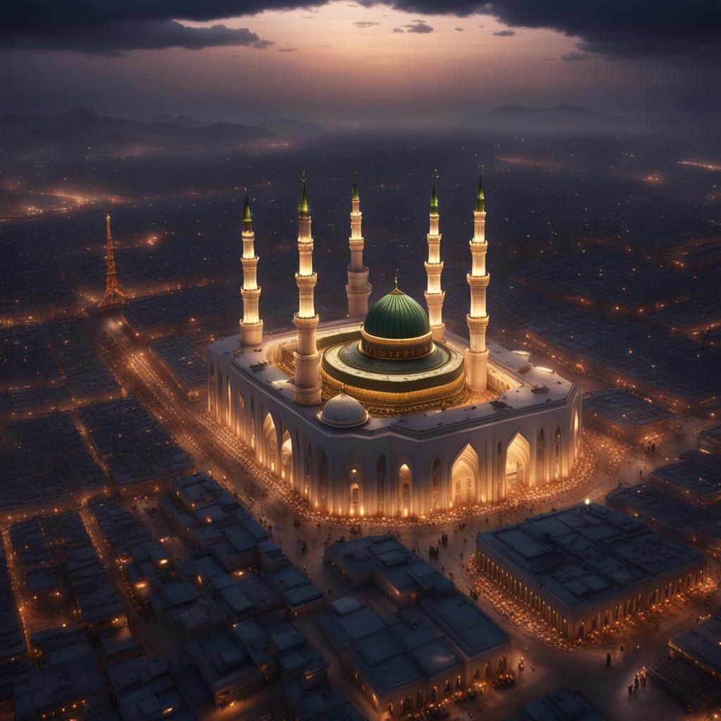 Hyperrealistic Aerial View of Medina at Night