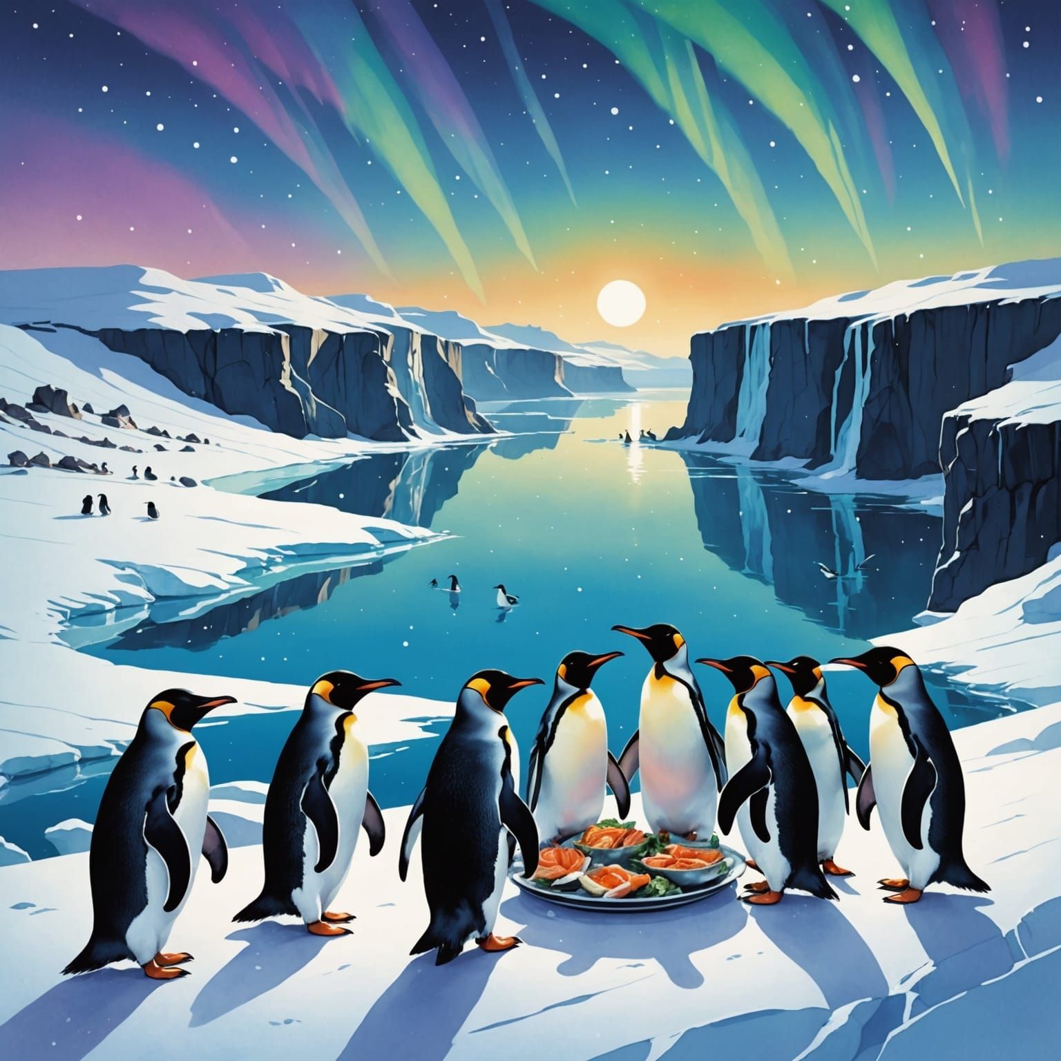 Penguins Celebrate Thanksgiving in Snowy Landscape
