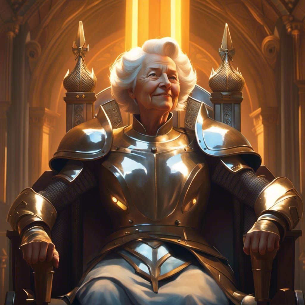 Armored Grandma on Lightning Throne, Digital Art