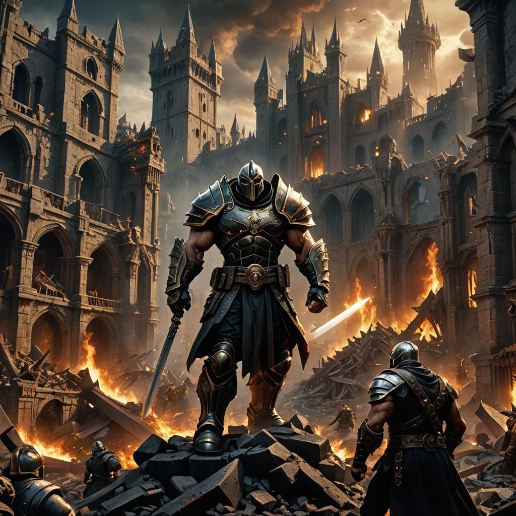 Epic Battle Between Gods Amidst City Ruins