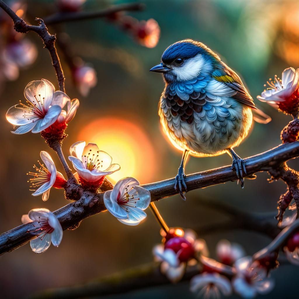 Glass Tomtit on Cherry Branch: Photorealistic Sunrise