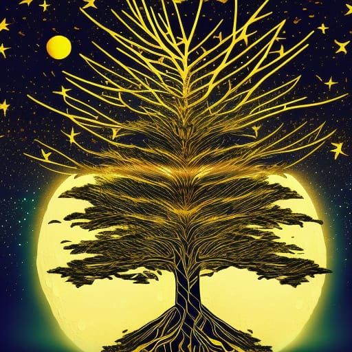 Golden Tree Meteorite in Space: Synthwave Neon Art