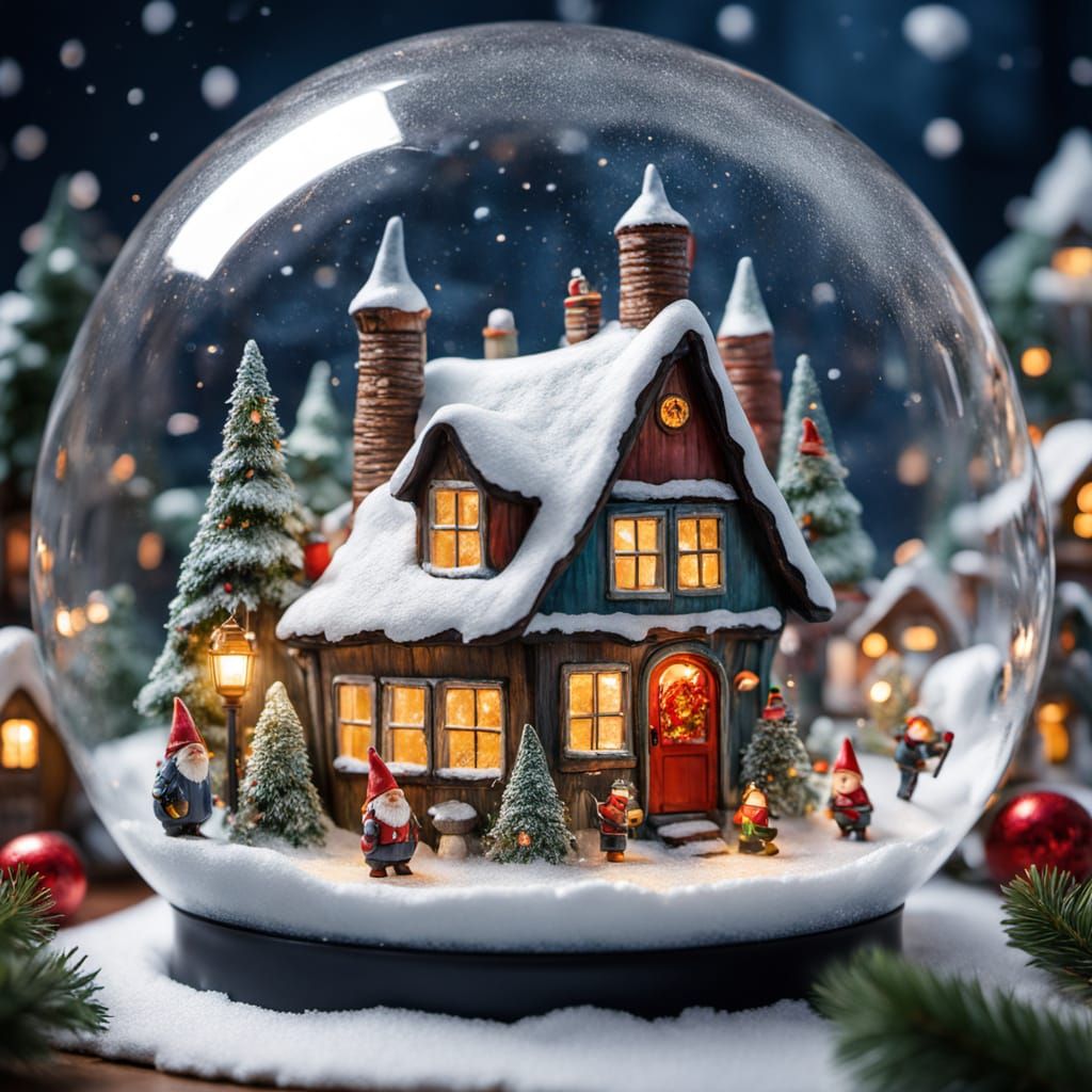 Gnome Village Decorates for New Year Inside Crystal Ball