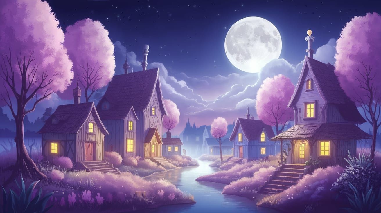 Whimsical Moonlit Village in Pastel Hues