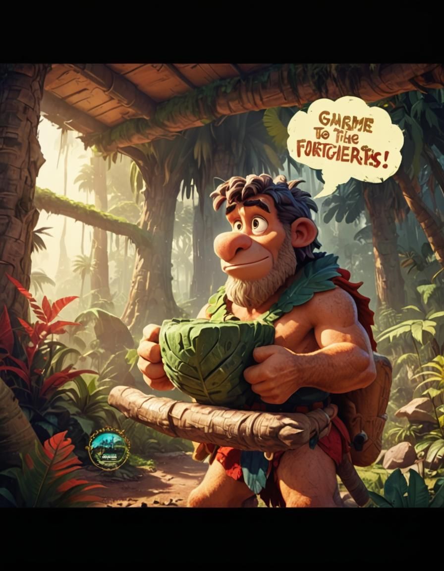 Cartoon Stone Age Hero in Prehistoric Landscape