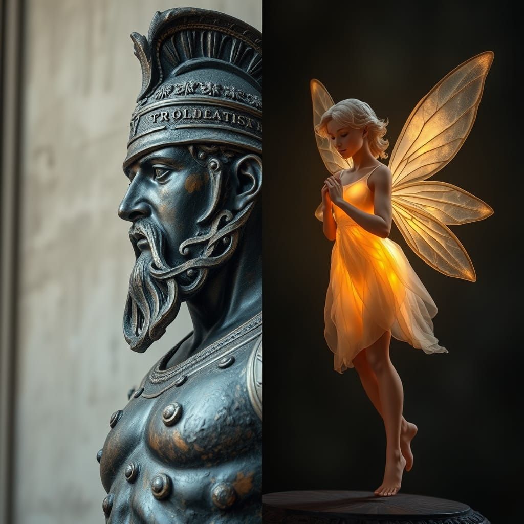 Bronze Warrior and Ethereal Fairy in Detailed Realism