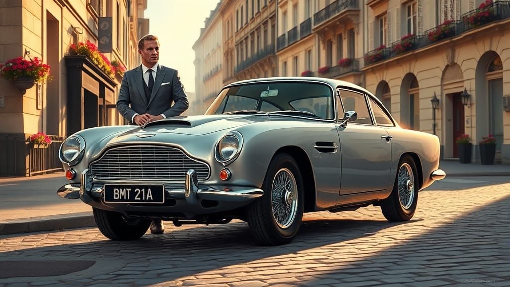 James Bond with his Aston Martin DB5 from the movie “Goldfin...