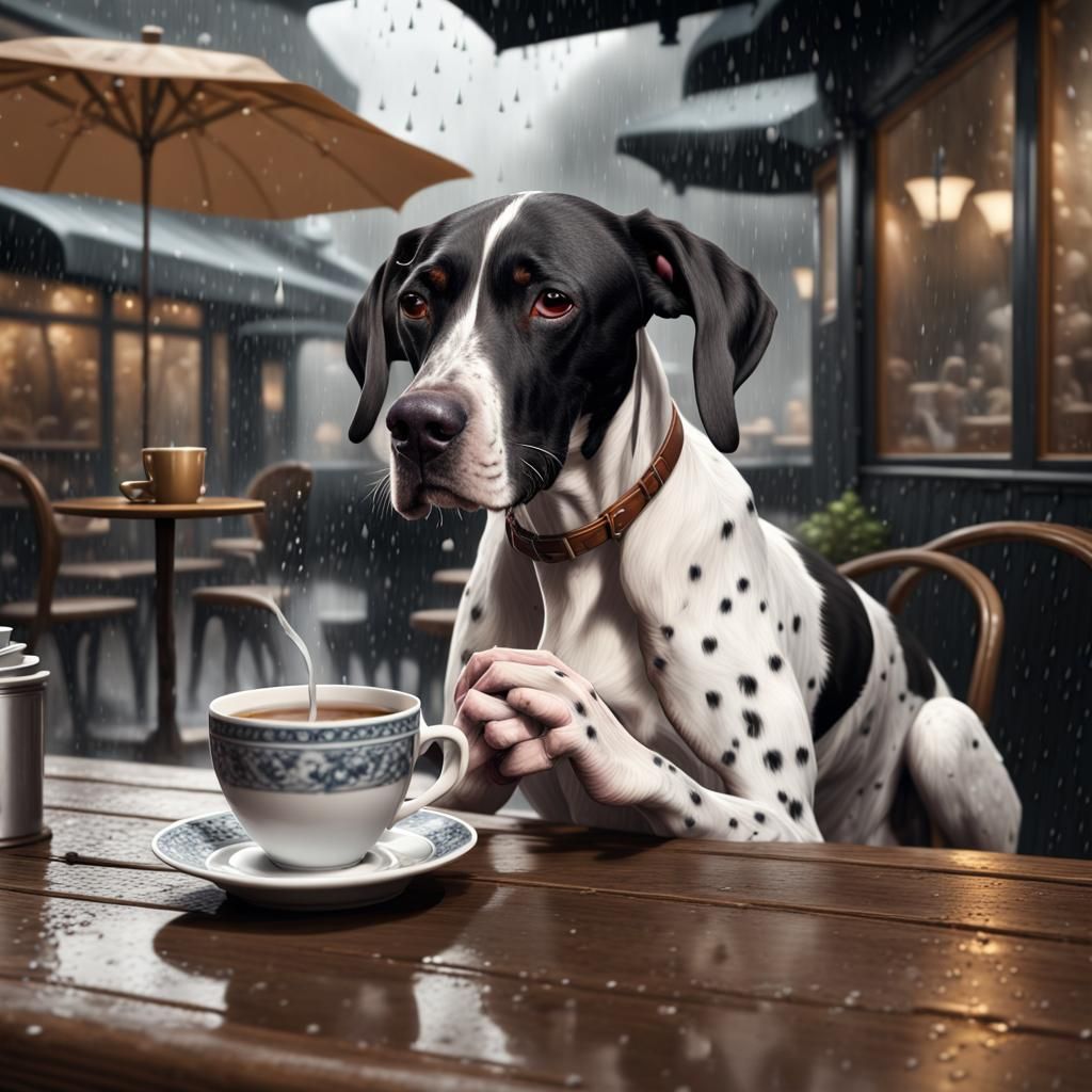 English Pointer Dog Drinks Tea: Detailed Matte Painting
