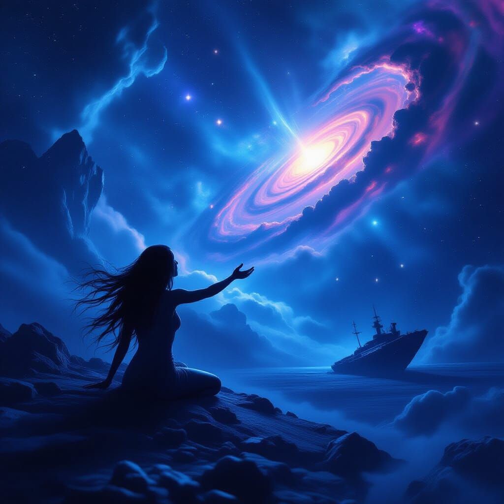 Lone Woman in Cosmic Nebula Reaches for Crystalline Planet