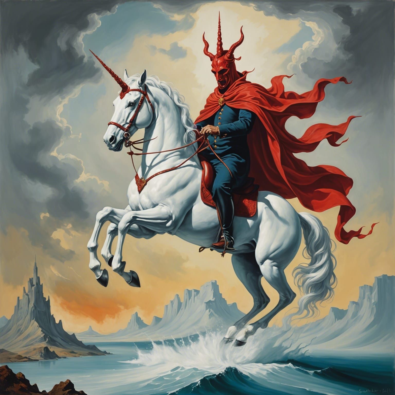 Surreal Devil Rides Unicorn: Dali-esque Oil Painting