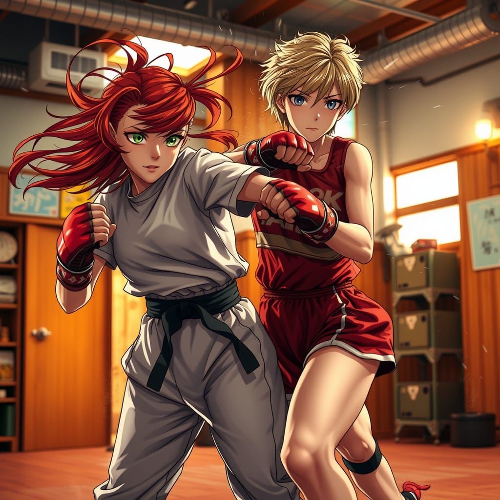Dynamic Kickboxing Match in Anime Style