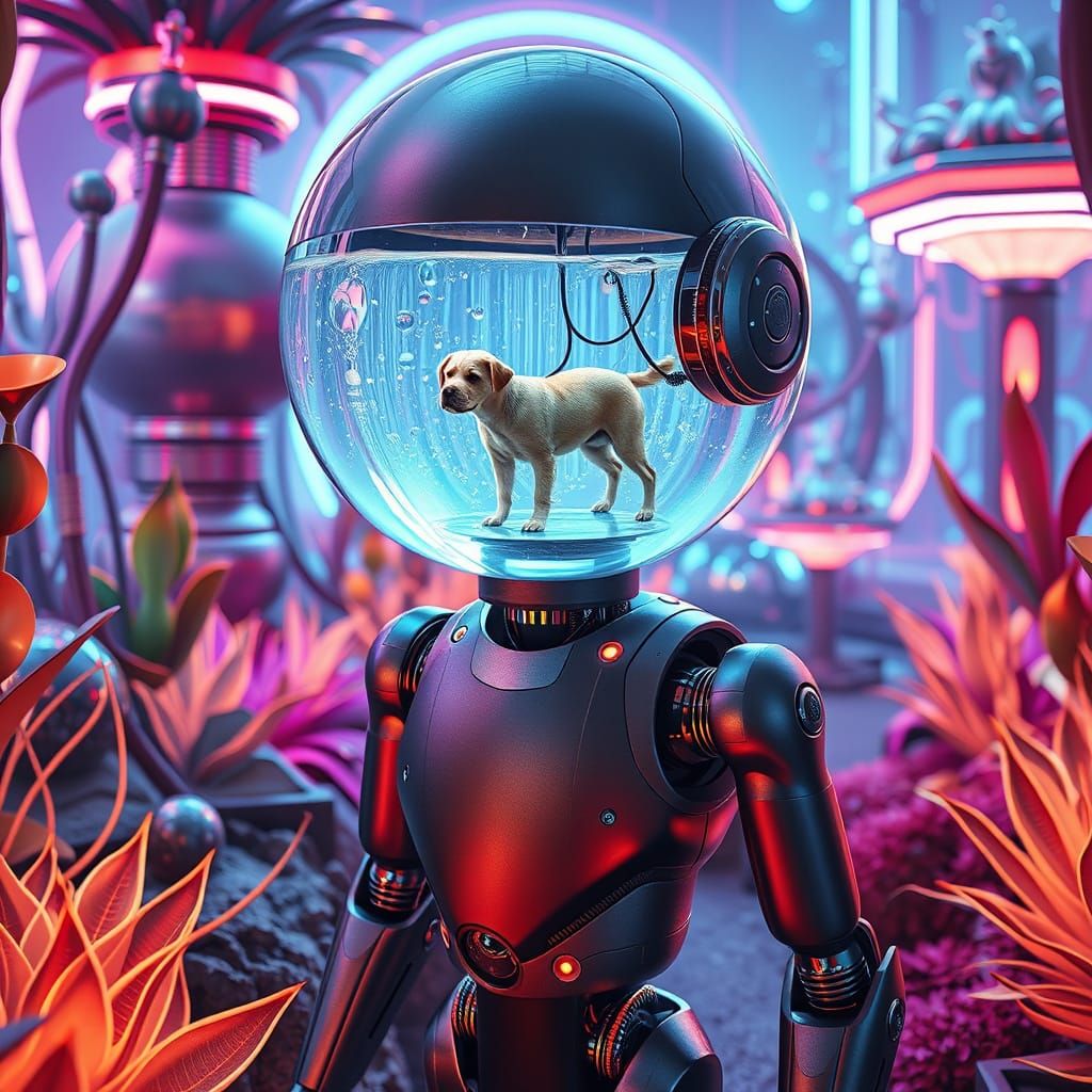 Cyborg Dog Walker in Neon Cyberpunk Garden