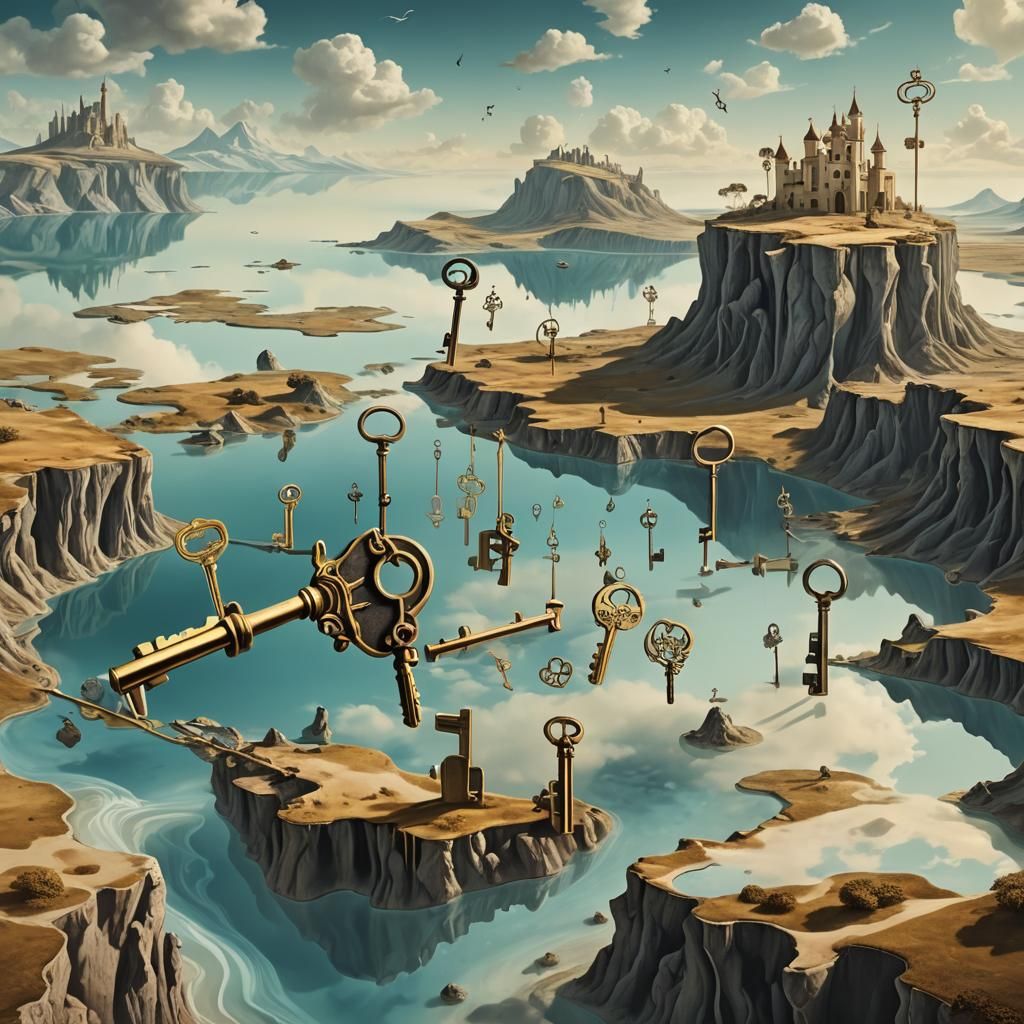 Floating Keys in Dreamlike Surrealist Landscape