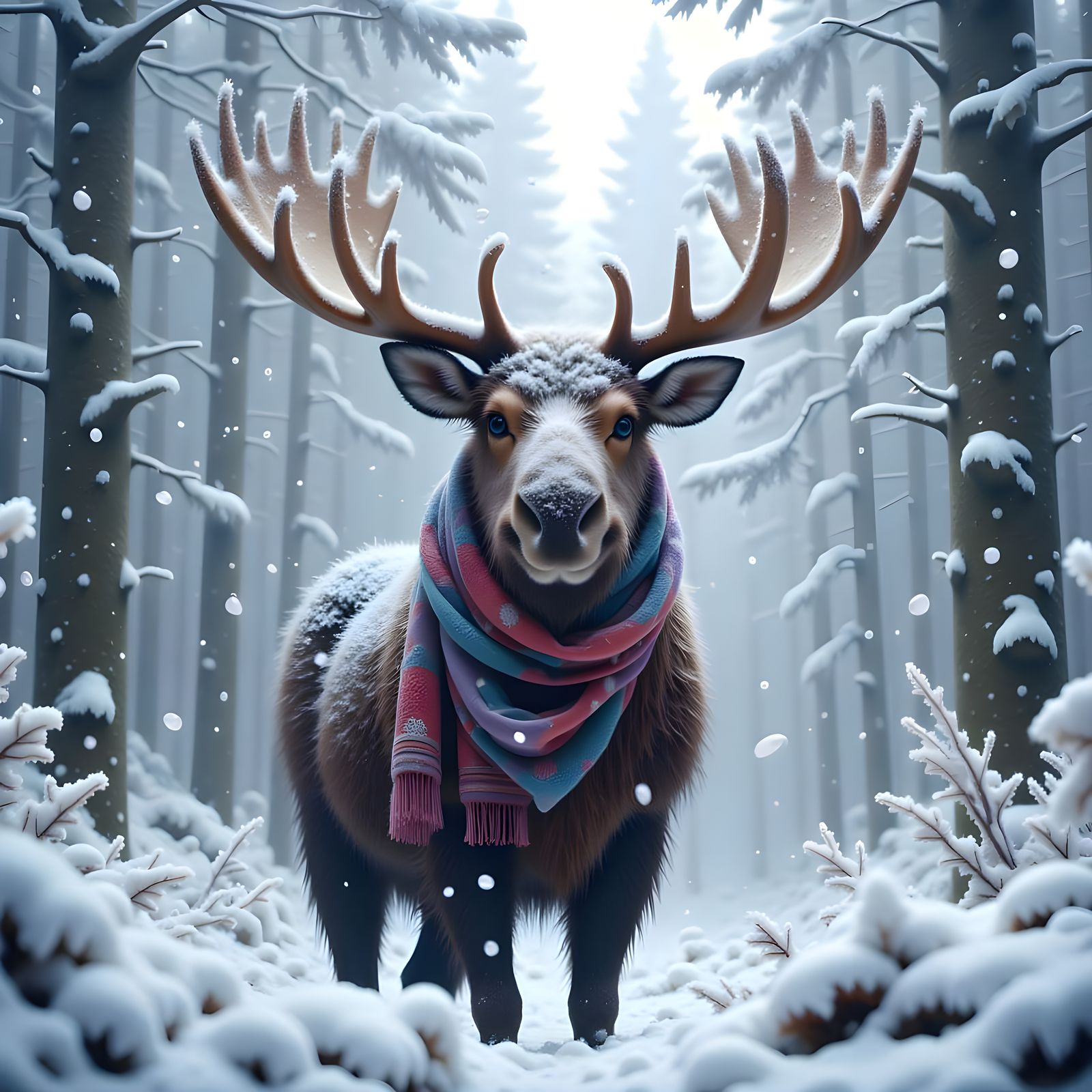 Giant Shaggy Moose in Snowy Wonderland