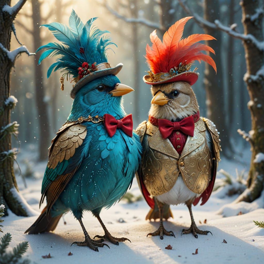 Victorian Birds in Snowy Forest Fairytale