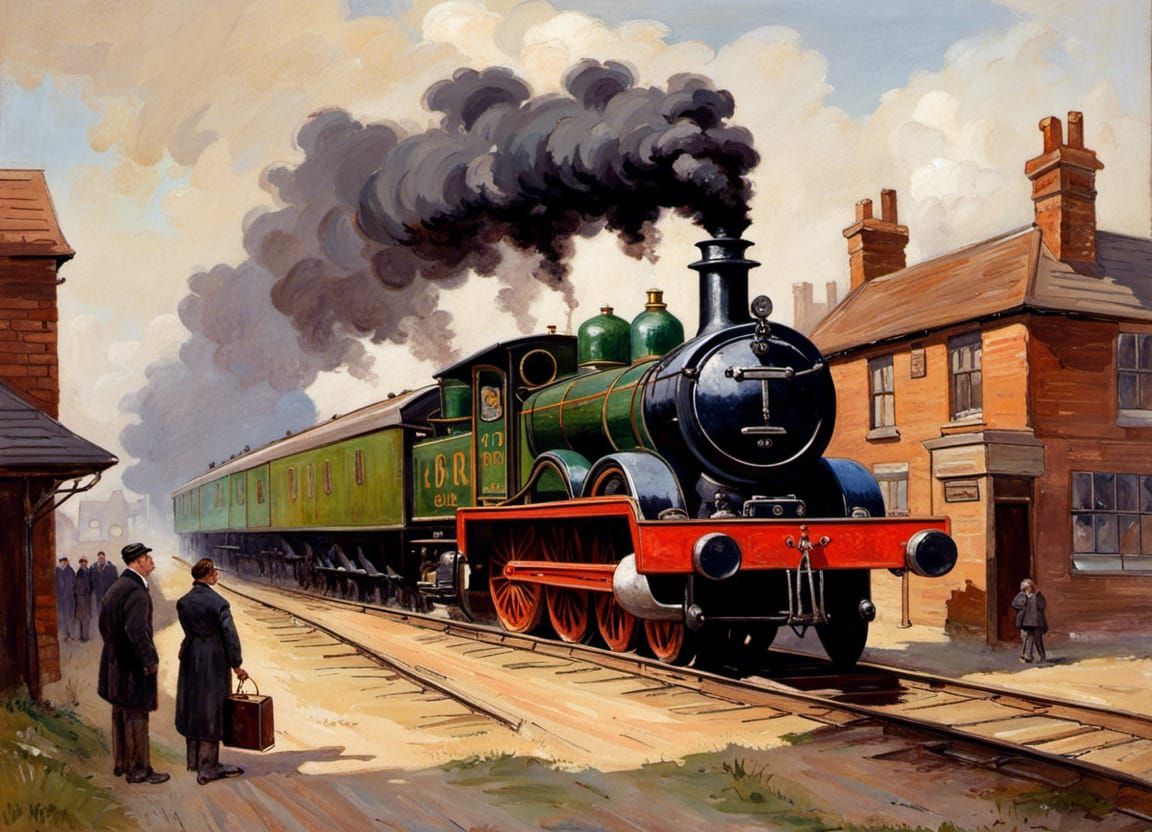Vintage English Railway Engine as Oil Painting