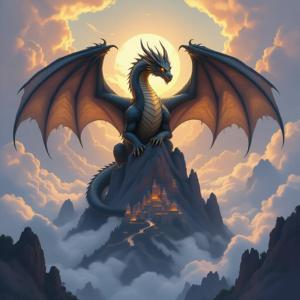 Ancient Obsidian Dragon on Cloud Piercing Mountaintop