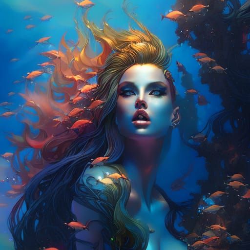 Mermaid in Coral Reef, Expressive Oil Painting