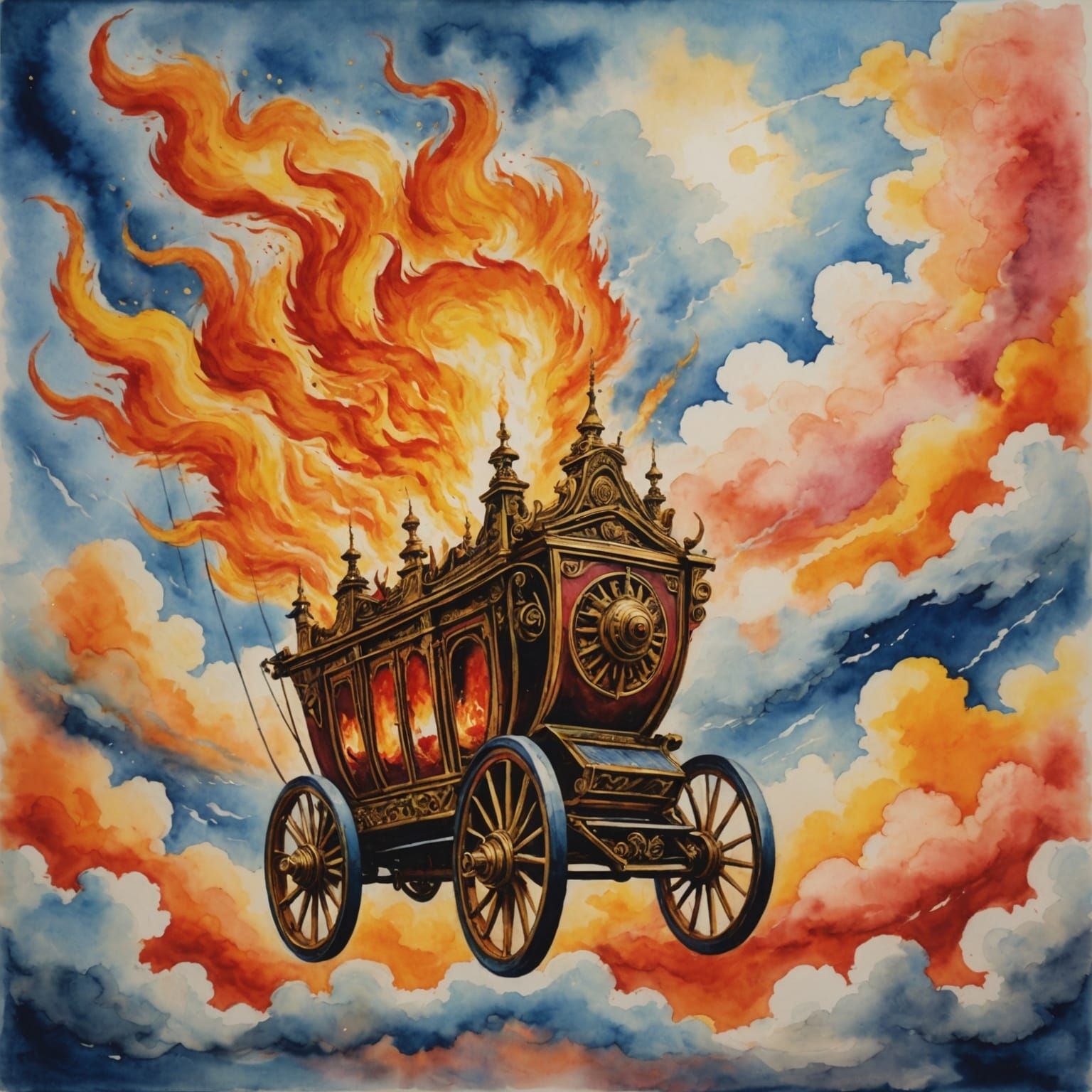 Fiery Chariot Ascends in Watercolor Sky