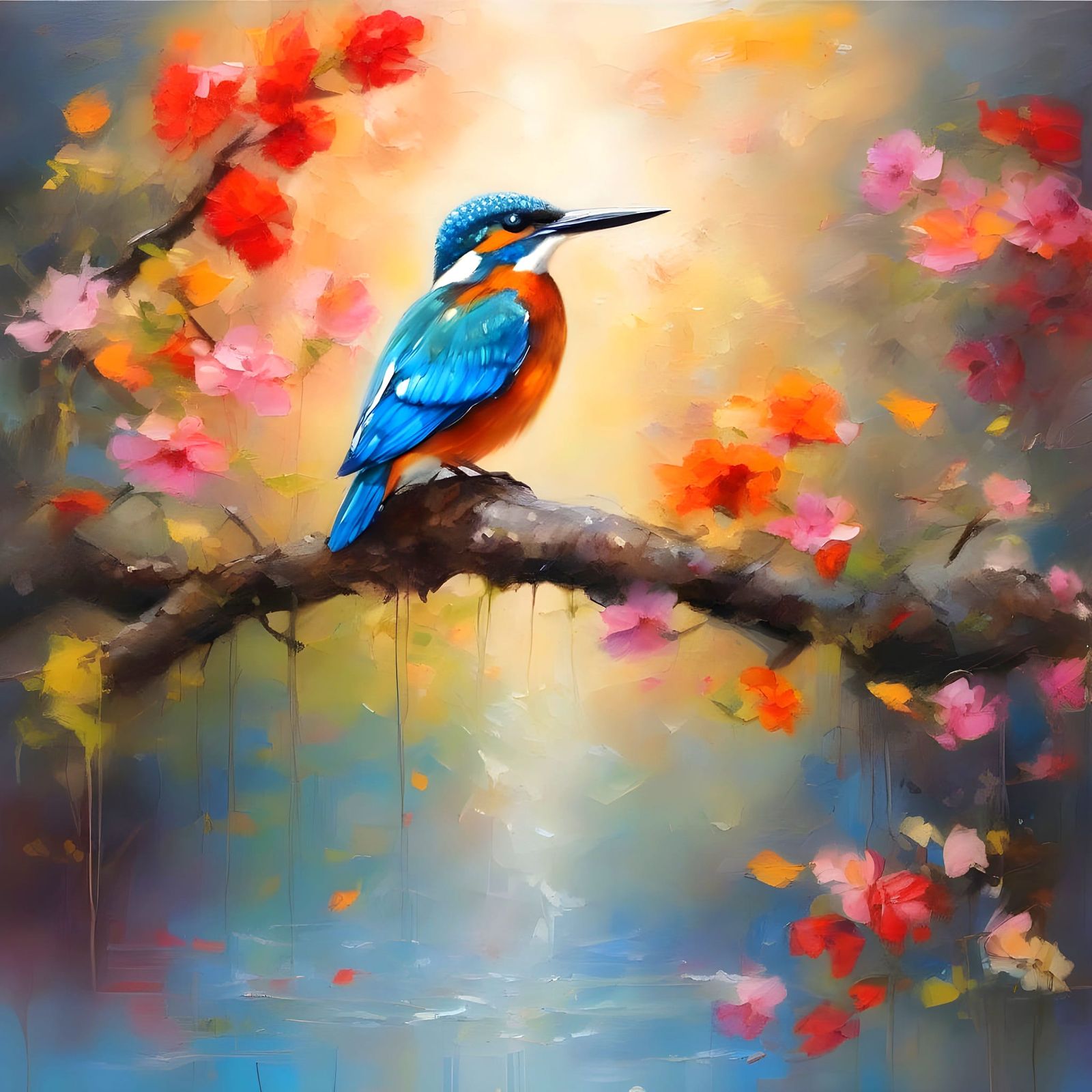 Vibrant Kingfisher in Whimsical Wildflower Wonderland