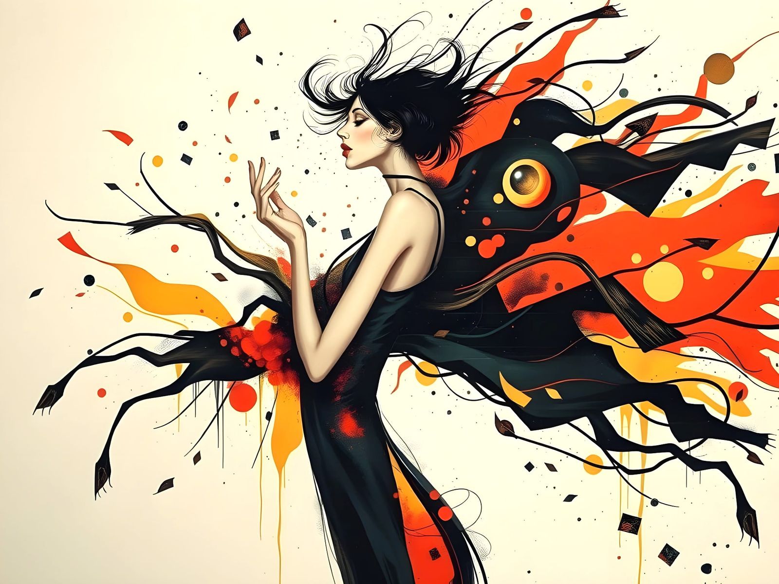 Elegant Woman Shattered by Whimsical Winds in Art Deco Style