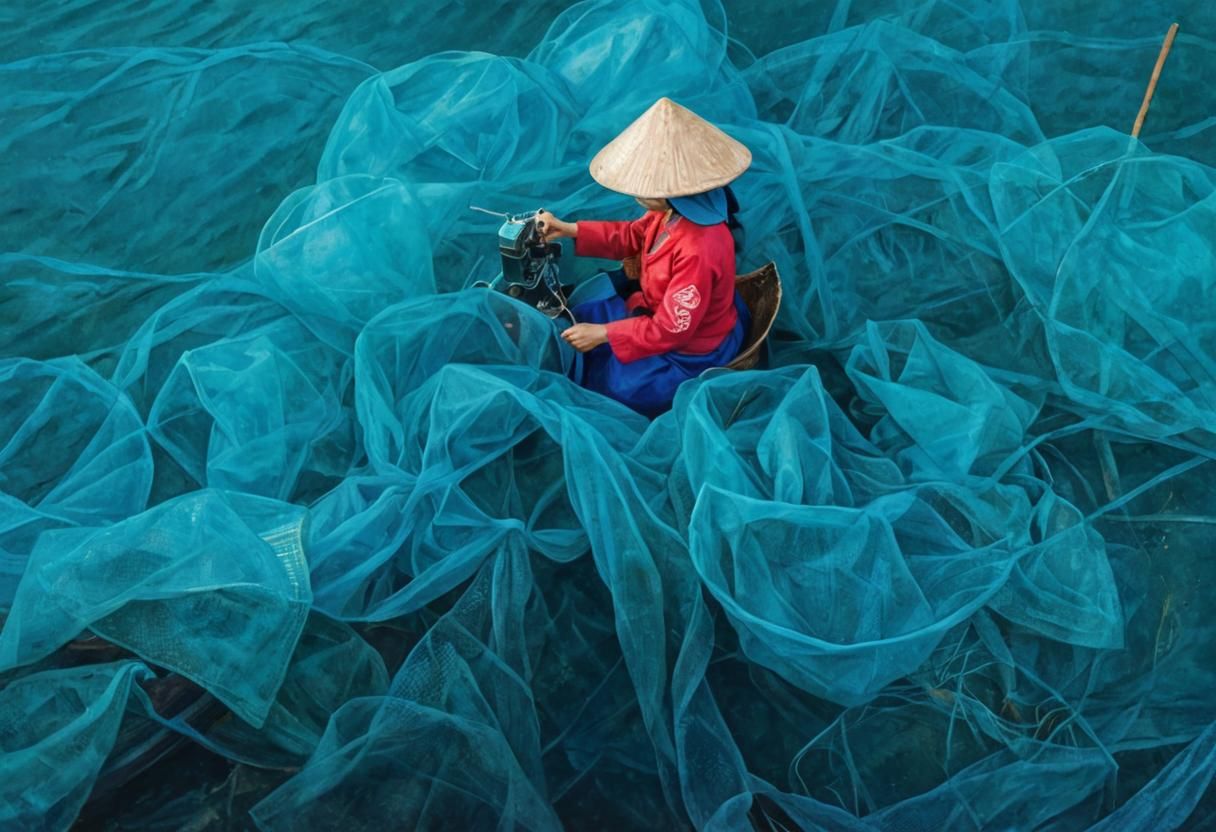Vietnamese Woman Mending Nets in Impressionist Watercolor