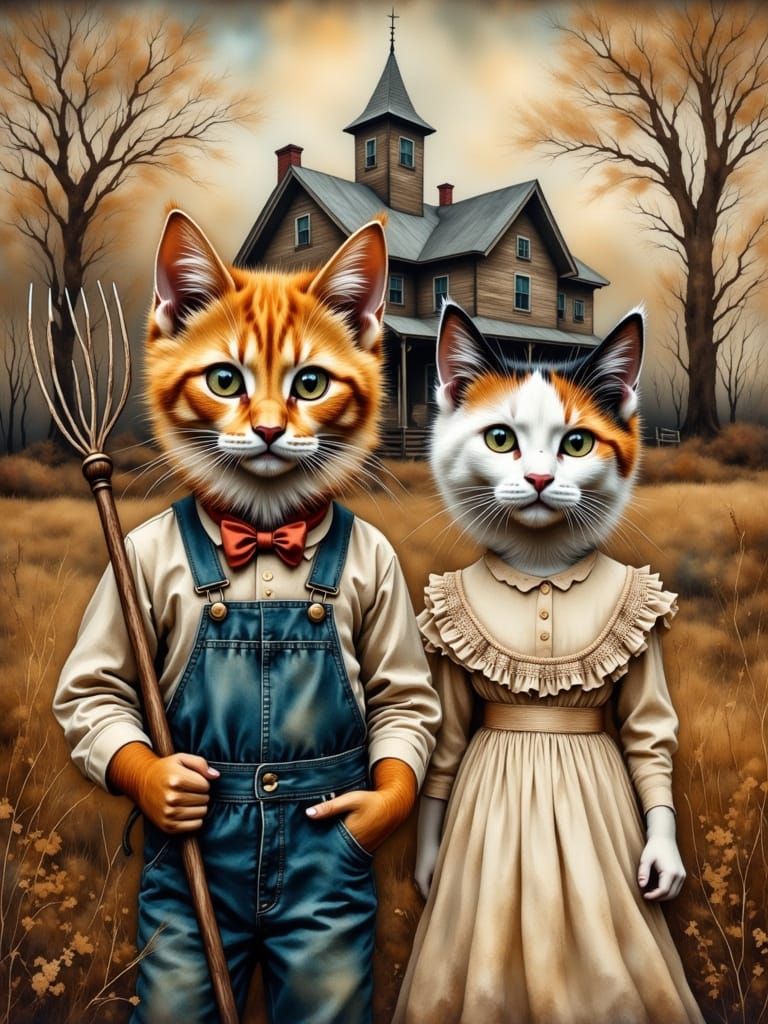 Whimsical Cat Parody of American Gothic