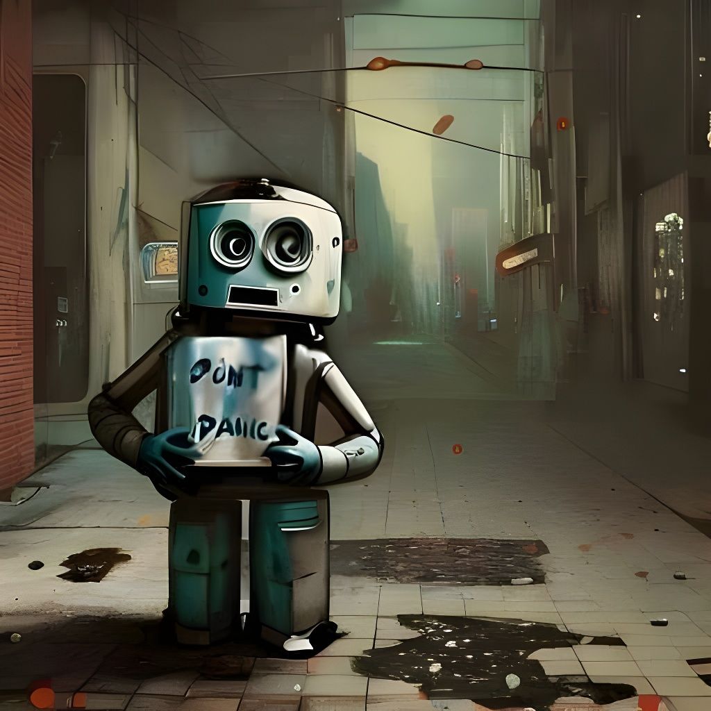 Robot's "Don't Panic" Sign in Van Gogh Style