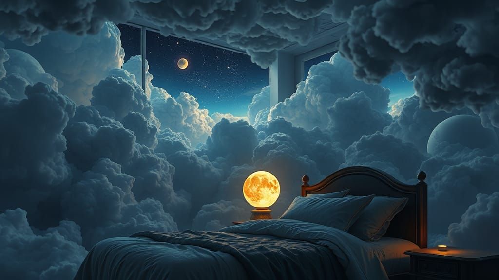 Moon Lamp and Starry Clouds in Surreal Bedroom