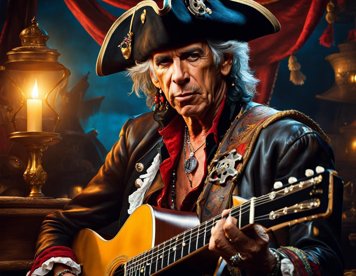 Keith_Richards on yours 80's birtday party | Portrait of Keith_Richards playing guitar as pirate from disney movie "Pira...