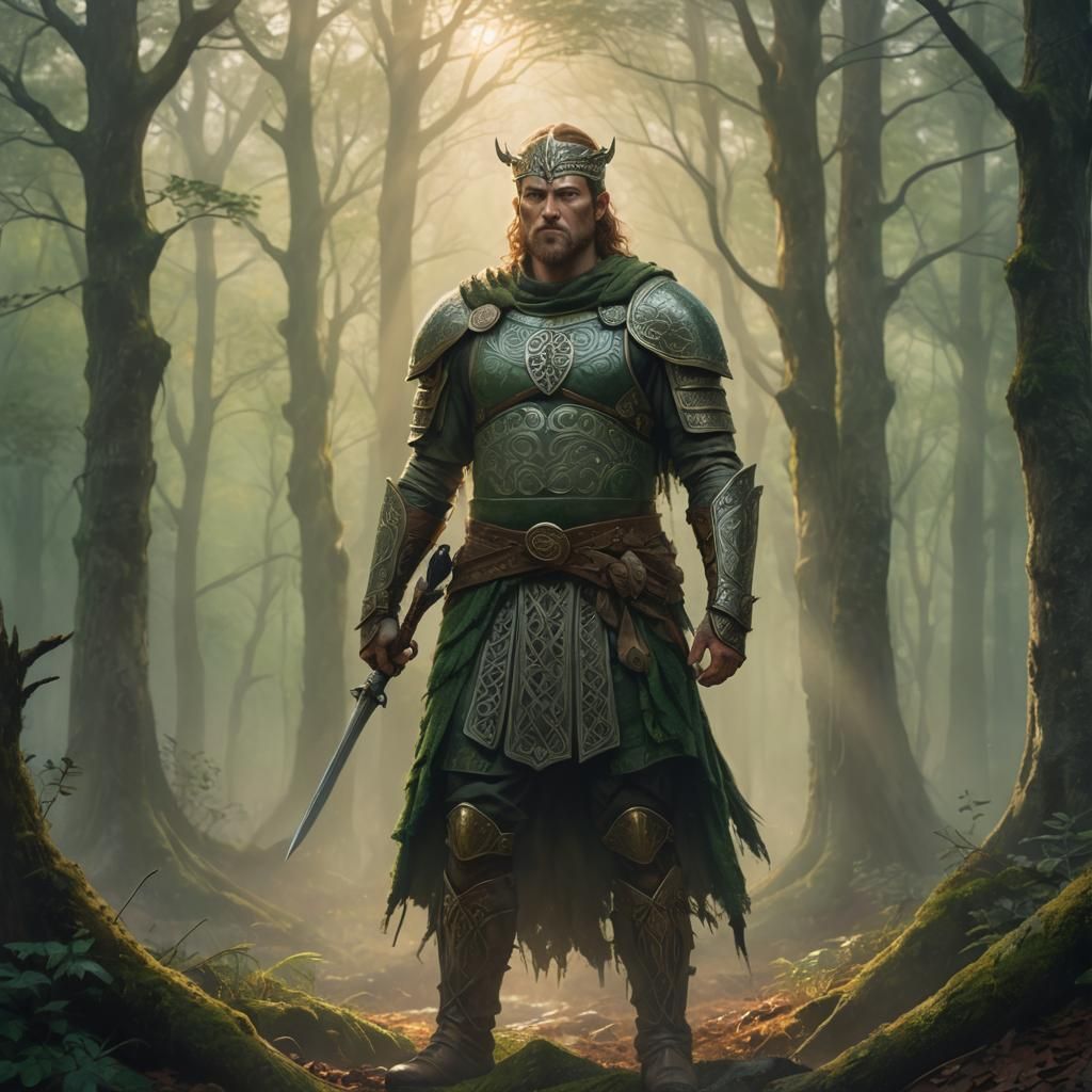 Celtic Warrior in Misty Forest: Earthy Oil Painting